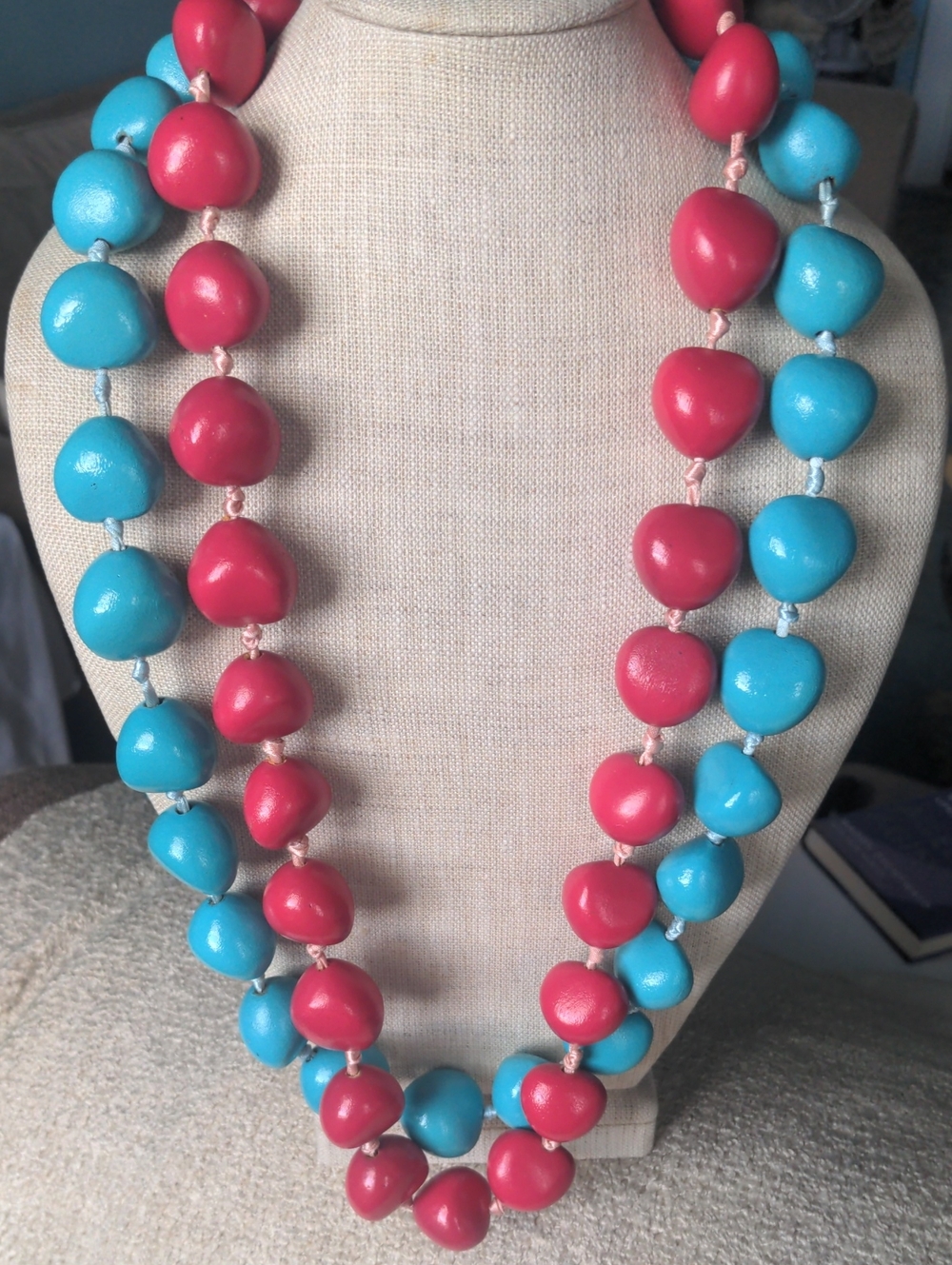 2 Tagua Nut Bead Necklace,  Pink and Turquoise, LongHand Knotted